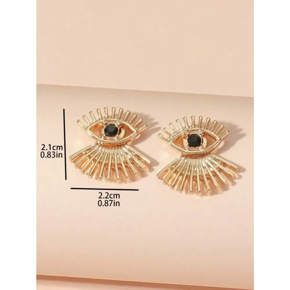 Gold Eye Stud Earrings with Black Stone R 443